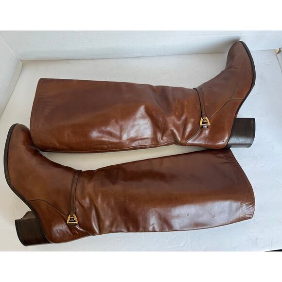 Auth Gucci Brown Leather Pull On Knee High Riding Low Heel Boots Sz 7 - Picture 7 of 16